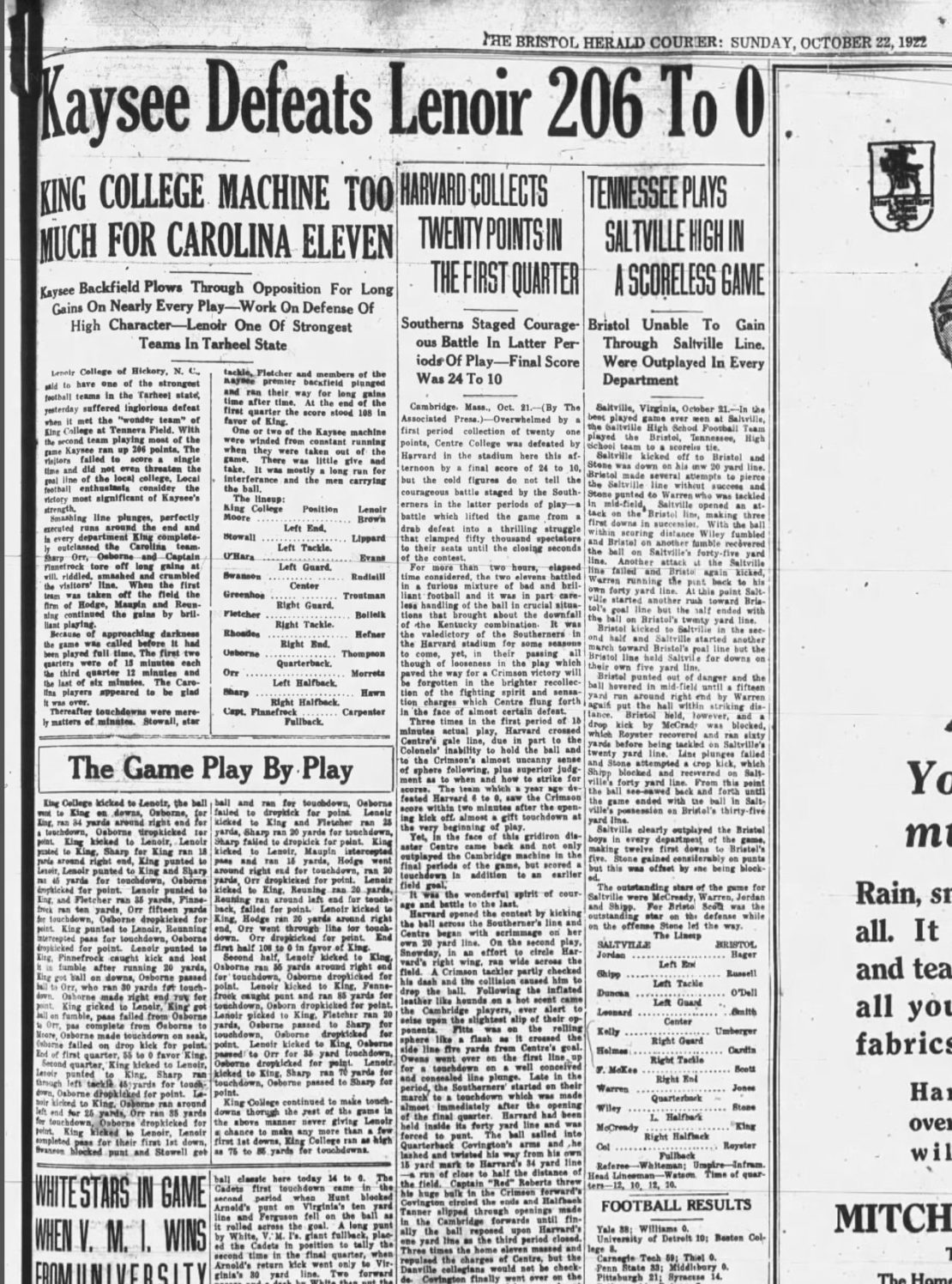 This Bristol Herald Courier story was picked up by the Associated Press (AP) and published nationwide on Oct. 22, 1922. The AP headline called King's defeat of Lenoir College the 