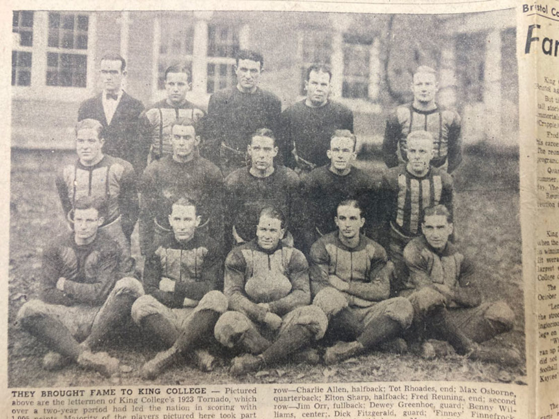 A photo in the Bristol Herald Courier features the lettermen of King's 1923 football team, including King Hall of Fame quarterback Max Osburn, defensive end Fred Reuning, running back Elton Sharp, and others. The squad led King to be the nation's highest-scoring team over a span of two seasons (1922-1923).