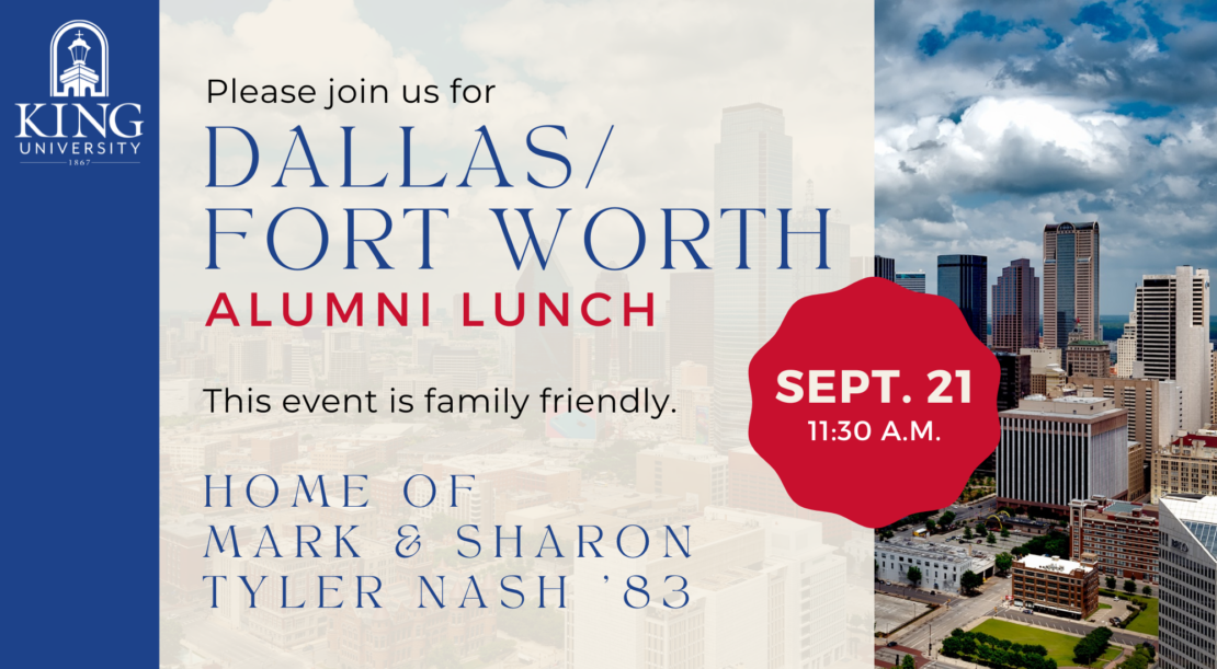 King University alumni lunch invitation with a cityscape of Dallas/Fort Worth in the background, event details in text, and a red badge highlighting the date and time: September 21, 11:30 A.M.