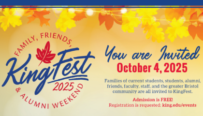 Invitation graphic for KingFest 2025, a family, friends, and alumni weekend at King University. Event date: October 4, 2025. Admission is free; registration requested. Autumn leaves border the top of the image.