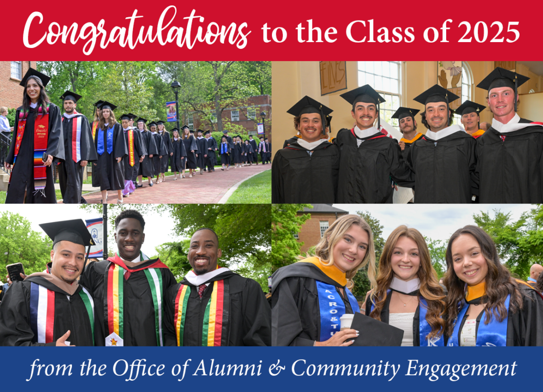 A collage of diverse college graduates in caps and gowns smiling outdoors, with the text: “Congratulations to the Class of 2025 from the Office of Alumni & Community Engagement” in red, white, and blue banners.