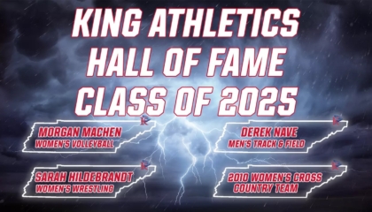 King Athletics Hall of Fame Class of 2025 graphic with a stormy background, featuring honorees: Morgan Machen (Women’s Volleyball), Derek Nave (Men’s Track & Field), Sarah Hildebrandt (Wrestling), and 2010 Women’s Cross Country Team.