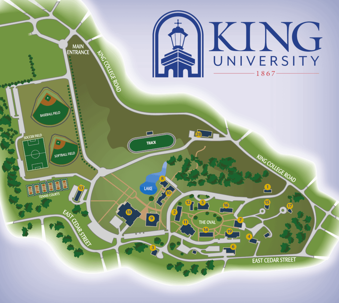 Illustrated map of King University campus showing sports fields, tennis courts, a track, lake, main entrance, and labeled roads including King College Road and East Cedar Street. The university logo is at the top right.