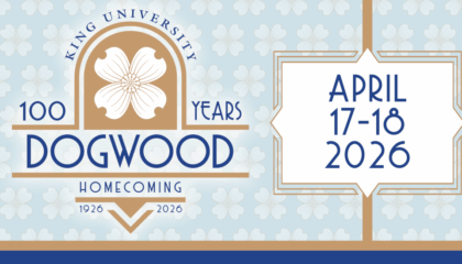 A blue and gold graphic for King University’s 100th Dogwood Homecoming, featuring a dogwood flower and text: “April 17-18, 2026,” with “1926-2026” noted at the bottom.