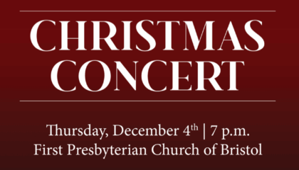 Festive Christmas concert flyer for King University with music notes, a wreath, and event details: “Music Ensembles Christmas Concert, Dec 4, 7 p.m., First Presbyterian Church of Bristol. Admission is free with food donations welcome.”.