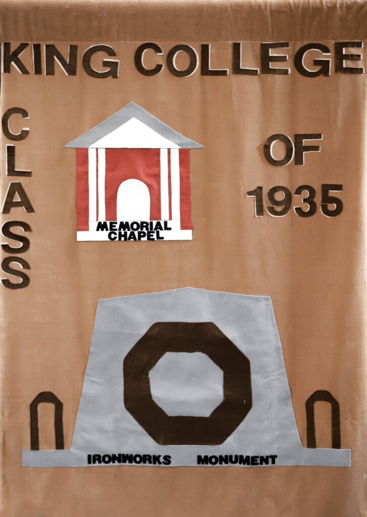 A banner with King College Class of 1935 in large letters, featuring illustrations of a red and white memorial chapel and a gray ironworks monument, both labeled underneath.