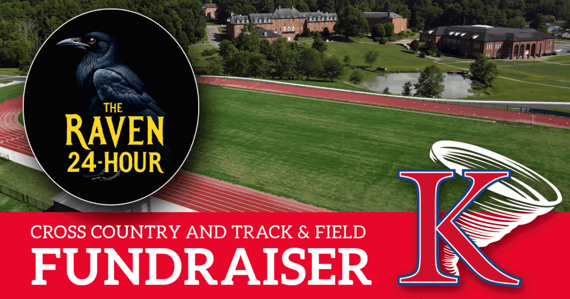 A circular logo with a raven and The Raven 24-Hour overlays a track and field. Red banner reads Cross Country and Track & Field Fundraiser with a large blue and red K and tornado graphic.