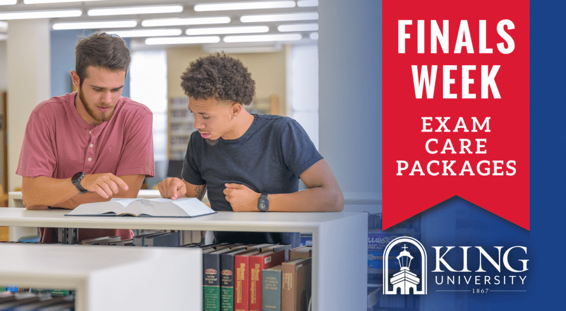 Two students study together in a library, leaning over an open book. A banner on the right reads: Finals Week, Exam Care Packages, King University 1867 with the university logo.