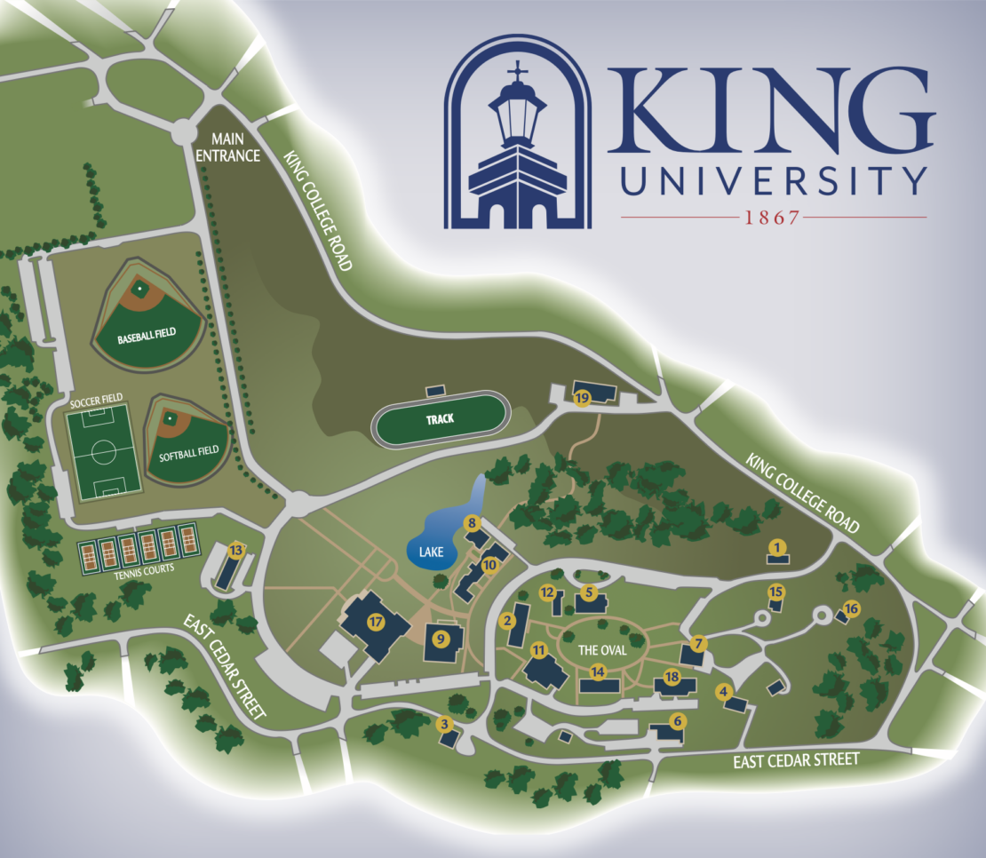 Illustrated campus map of King University showing labeled buildings, sports fields, a track, lake, and main roads including King College Road and East Cedar Street, with the university logo in the top right corner.